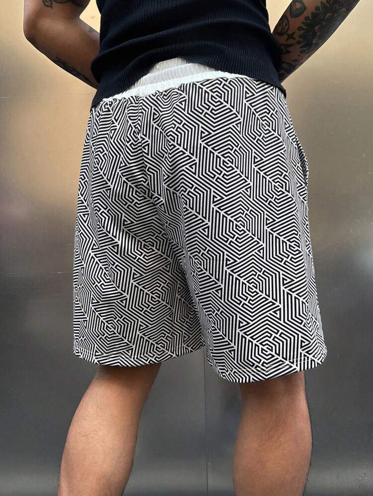 Men's Geometric Print Drawstring Waist Pocket Casual Beach Shorts
