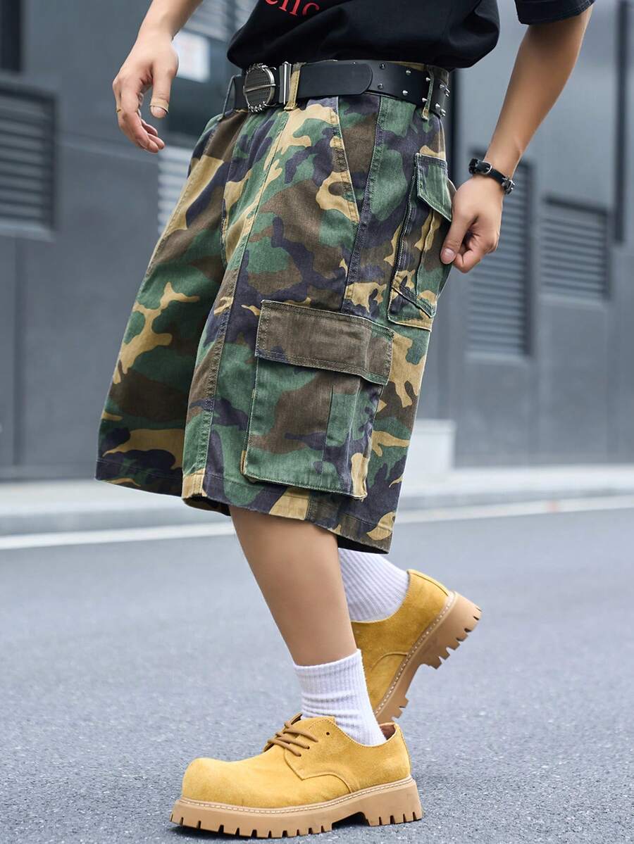 Manfinity EMRG Quần short cargo denim nam phong cách đường phố casual nhiều túi rách họa tiết rằn ri - xanh quân đội - Xem 1