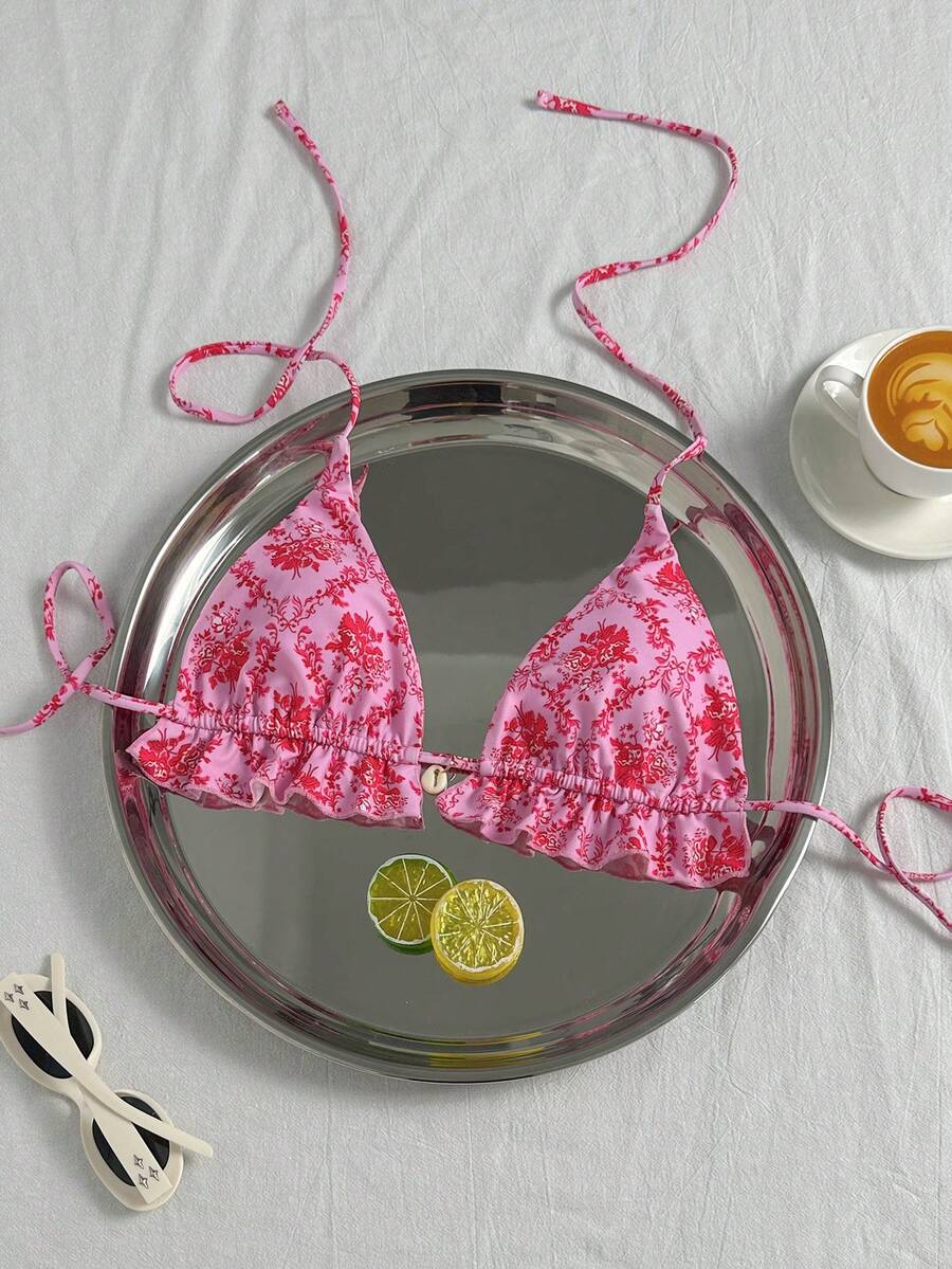 Swim Vcay 女款夏季海灘掛脖花卉印花荷葉邊百褶泳衣上衣 - 彩色 - 查看 1