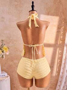 Swim SXY Conjunto de tankini de traje de baño con decoración de estrella de mar, lazo y moño en la parte superior para mujer, de tela especial y estilo casual y dulce - Beis - Ver 2