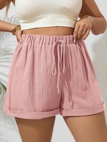 SHEIN VCAY Pantalones cortos de talla grande de unicolor con dobladillo enrollado y cordón - Rosa - Ver 4
