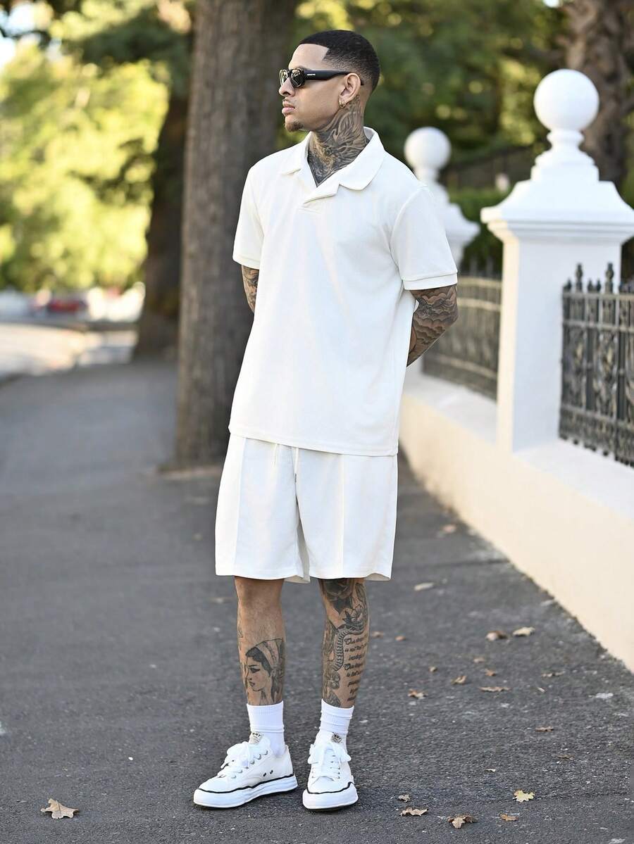 Devon Thys 男士纯色 Polo 衫和短裤套装，休闲简约，适合日常穿着 男士两件套休闲两件套休闲套装 休闲加大两件套服装 两件套服装 男士 T 恤套装 男士服装两件套夏季两件套 男士两件套 男士两件套休闲男士两件套夏季两件套 男士两件套 - 米色 - 查看 1