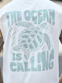 Devon Thys Standard Size Men's "Ocean Calling" Sea Turtle Graphic Tank Top, Suitable For Summer - White - View 3