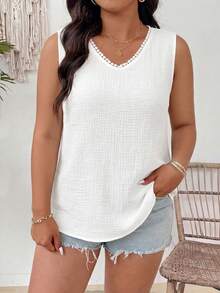 SHEIN Plus Size Versatile V-Neck Solid Color Casual Boho Tank Top Formal Vacation White Summer - White - View 4