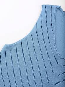 Franclia Damen Große Größen Gestrickter Frühling/Sommer Lässig Durchbrochener V-Ausschnitt Einfarbig Pullover Strickweste Mode Vielseitiges Top - Babyblau - Übersicht 4