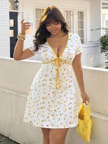SHEIN EZwear 大码夏季休闲碎花V领连衣裙 - 彩色 - 查看 5