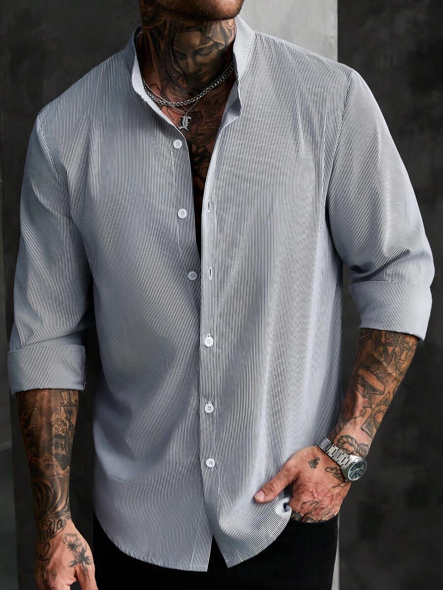 Manfinity Homme Kemeja Pria Lengan Panjang Kasual Kancing Depan Motif Garis-garis, Hadiah untuk Pacar, Cocok untuk Acara Musim Gugur - MultiWarna - View 1