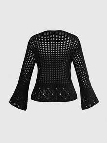 ROMWE Goth Cárdigan de punto hueco con mangas acampanadas de estilo gótico oscuro talla grande - Negro - Ver 2