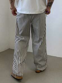 SHEIN Teen Boy Teen Boys Casual Vacation Style Straight-Leg Loose Striped Pants With Drawstring Waist, Suitable For Birthday Parties, Evening Parties, Performances, Weddings, Baptisms, Opening Ceremonies Daily Suitable For Daily Use Suitable For School Suitable For Travel Suitable For Sports Suitable For Spring And Summer Outfits - Black and White - View 2