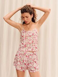 lacRébo Pink Vintage Floral Print Cami And Shorts Sleepwear Set With Delicate Straps And Tiny Bows Summer Homewear - Multicolor - View 3