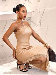 Vestido de verano de mujer con unicolor elegante, parche de encaje y bajo asimétrico - Champán - Ver 3