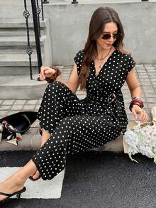 Serisse Setelan 2 Potong Atasan Lengan Pendek Motif Polkadot Leher V Wanita dan Celana - Hitam - View 7