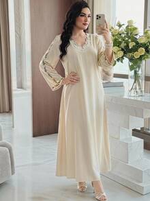 Al Najma Plus Size Women Elegant Modest Pilipinyana Floral Embroidery Flare Sleeve Arabic Abaya Formal Wedding Beige Summer - Apricot - View 8