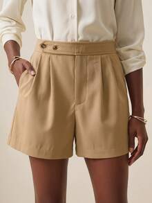 Briarwyn Women's Minimalist Summer Commute Folded Pleated Diagonal Pocket Shorts - Khaki - View 4