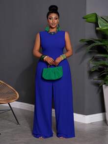 Slaydiva Early Spring Sleeveless Solid Color Plus Size Jumpsuit For Women - Royal Blue - View 1