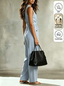 SHEIN LUNE CURVE Cotton Casual Jumpsuit With Pockets, V-Neck, Suitable For Commuting, Vacation, Plus Size, Spring/Summer/Autumn Beach Vacation Light Blue - Blue - View 2
