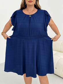 SHEIN CURVE+ Robe mi-longue à manches en pétale et taille cintrée pour femmes grandes tailles - Bleu azur - Voir 8