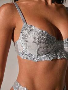 SHEIN BAE 2件套粉色浪漫女士内衣衬垫文胸和内裤套装 - 灰色 - 查看 8