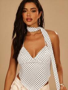 Denimoi Top halter transparente de malla con lunares y espalda descubierta con bufanda - Blanco - Ver 4