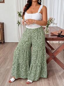 Weeklong Plus Size Women's Random Print Green Floral Elastic Waist Layered Ruffle Leg Wide Leg Pants, Summer Fall - Green - View 5