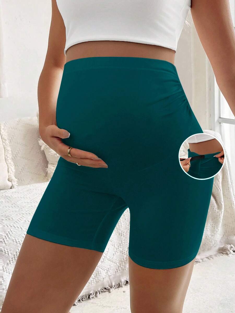 SHEIN Maternity Solid Color Adjustable Waist Casual Versatile Daily Outing Tight Fit Base Shorts - Dusty Blue - View 1