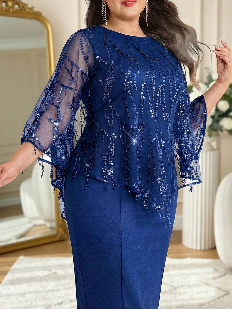 Modelyn Set 2 Potong Elegan untuk Wanita Ukuran Plus dengan Atasan dan Gaun Model Batwing Jala Berpayet - Royal Blue - View 1