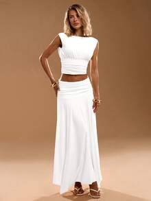 SHEIN BAE Women's Solid Color Casual Sleeveless Tank Top And Skirt Set - White - View 4