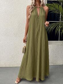 Levarali Women's Textured Metal Decor Sleeveless Dress For Beach Vacation And Music Festival - Army Green - View 5