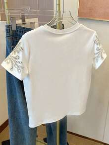 Teen Girls White Round Neck Rhinestone Pattern Print Cropped T-Shirt, Versatile Fitted Short Sleeve Top Suitable For Summer, Autumn, Retro For Spring, Summer, Autumn, Winter - Multicolor - View 3