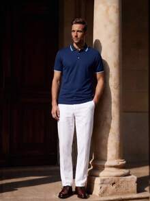 Officeau Men's Colorblock Striped Print Casual Short Sleeve Polo Shirt, Summer Men Polo Shirts - Royal Blue - View 9