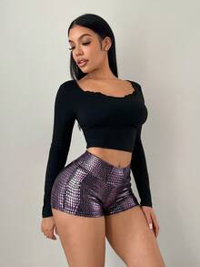 SHEIN SXY 女款淺紫色仿鱷魚紋理基本款短褲 - 淡紫色 - 查看 7