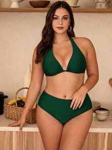 Swim Chiccia 大尺碼女款純黑色 2026 新款熱銷時尚度假日常簡約休閒修身掛脖綁帶抽繩蝴蝶結性感比基尼泳裝上衣 - 綠色 - 查看 4