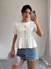 SHEIN Raffinéa 女款春夏新款白色100%純棉面料度假節日海灘休閒祭典前綁帶襯衫 - 白色 - 查看 4