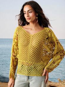 Breezaya Women's Spring Summer Autumn Beach Vacation Style Hollow Out Sheer Cover-Up Top - Blue - View 6