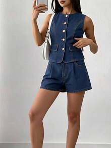 SHEIN 2Pcs Teen Girls Fashion Casual Y2k Vintage Cool Street Elegant Dark Blue Denim Sleeveless Jacket And Loose Comfortable Ruffled Denim Shorts Set Of Two Pieces For Kids Clothes Teen Girls Dailywear And Kids Spring To Summer Rave Outfits Festival And Outfits Streetwear Clothes - Blue - View 8