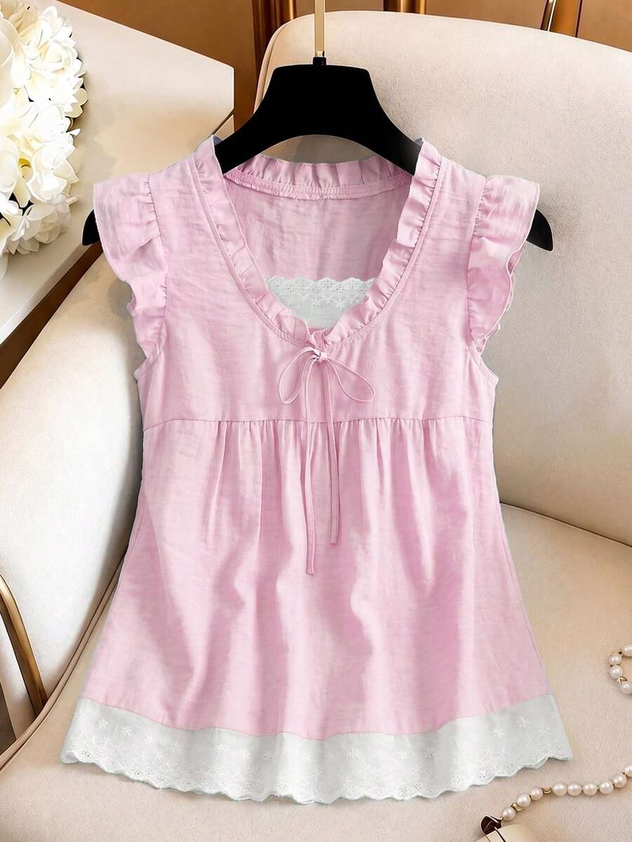 GlowEve Casual Cute Lace Patchwork Hem Flutter Sleeve Solid Color Blouse For Women, Pink And White Brunch Tea Party Summer - Pink - View 1
