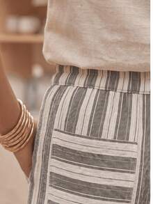 Light Lino Striped Wide Leg Pants - Summer Style With Elastic Waist - Grey - View 2