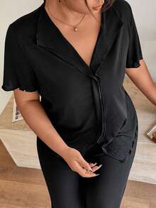 SHEIN Napfluff CURVE Plus Size Women V-Neck Ruffled Front Split Design Soft Draping Knit Fabric Short Sleeve Top And Pants Set, Casual Minimalist Loungewear Suitable For Everyday Wear - Black - View 4