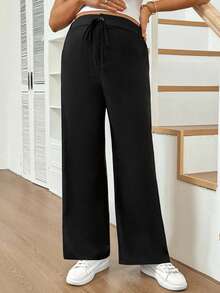 SHEIN Maternity Solid Color Minimalist Button Tie Casual Loose Long Pants Fall - Black - View 7