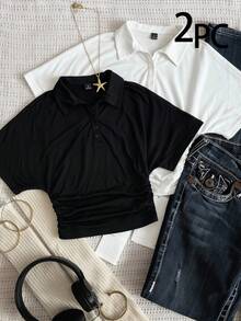 SHEIN EZwear 女士休闲简约双色翻领修身短袖T恤，夏季 - 彩色 - 查看 9