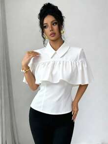 GlowEve Blusa da donna bianca primavera/estate con design a revers, bordo con volant, maniche corte, vita stretta, elegante francese, sofisticata, versatile per pendolarismo e vacanze - Bianco - Visualizzare 5