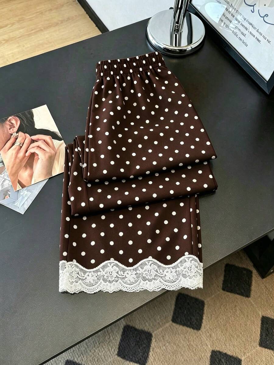 GlowEve Pantalon droit ample à taille élastique, avec patchwork en dentelle et imprimé à pois. Convient pour le port quotidien - Tabac - Voir 1