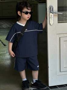 DAZY V-Neck Colorblock Straight Leg Cool Top + Shorts Set Young Boy T-Shirt Set Summer - Navy Blue - View 1