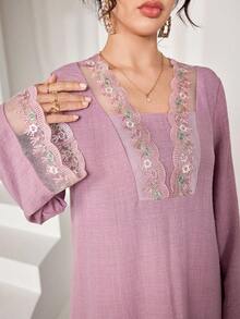 Yasmyna Robe élégante à col en V 2 en 1 avec patchwork de dentelle et manches évasées, printemps/été - Rose bonbon - Voir 4