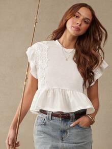 WESTFADE Lace Trim Tiered Ruffle Short Sleeve White Babydoll Top Summer, Casual, Beach, Vacation, Holiday, Country, Western, Female Country Look, Cowgirl - White - View 5