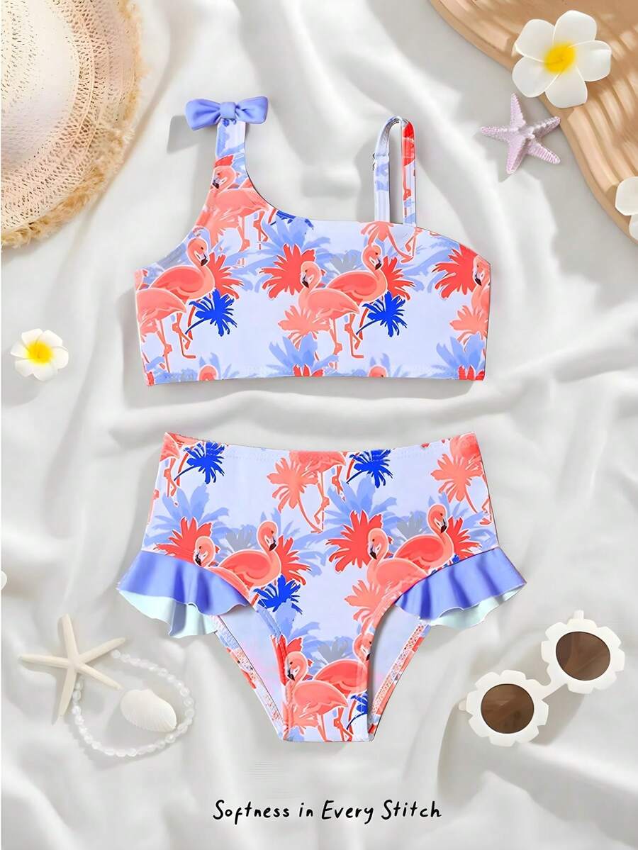 SHEIN Baby Girl's Summer Holiday Flamingo Print 2-Piece Bikini Set,Quick-Drying One-Shoulder Bow Top With Ruffle Trim Triangle Bottoms Beachwear Swimwear - Multicolor - View 1