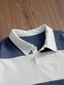 EASEVO 男士休閒寬鬆短袖 Polo 衫，黑色 & 杏色拼接刺繡，大尺碼，夏季 - 藍白色 - 查看 3