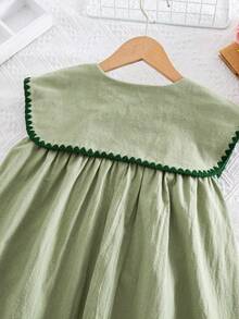 SHEIN Young Girl Pastoral Floral Embroidered Floral Pattern Ruffle Collar Dress, Versatile Floral Pattern Round Neck Ruffle Trim Contrast Color Dress,Girls' Floral Embroidered Dress, Peter Pan Collar, Ruffle Trim, Contrast Color Dress - Mint Green - View 11
