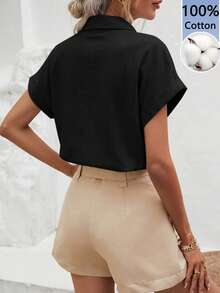 SHEIN Frenchy 女款休閒極簡黑色100%純棉短袖襯衫 - 黑色 - 查看 2