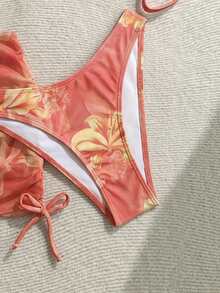 Soleia 女款夏季海灘花卉印花掛脖綁帶性感比基尼三角泳褲泳衣套裝附迷你裙 - 珊瑚橙 - 查看 4